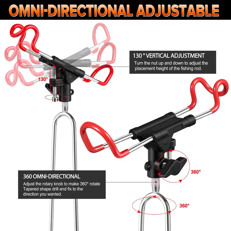 PLUSINNO Fishing Rod Holders for Bank Fishing - 360 Adjustable, Rust-Proof, Rod Protection, Easy to Carry, Fits Most Rods, Red and Black - Image 3